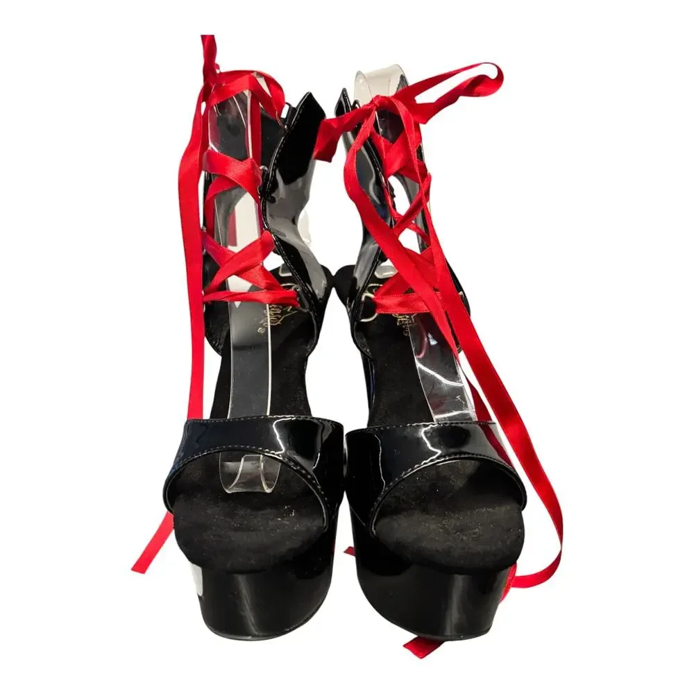 Pleaser Delight 600-14FH Black Red Corset Stiletto Heels Platform Size 8 Lace-Up